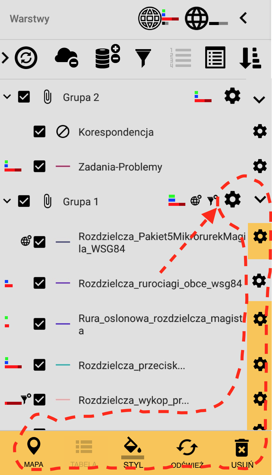 Widoczne elementy z pomoarańczowym podświetleniem z prawej strony oznaczają, że są aktualnie wybrane do properties fill