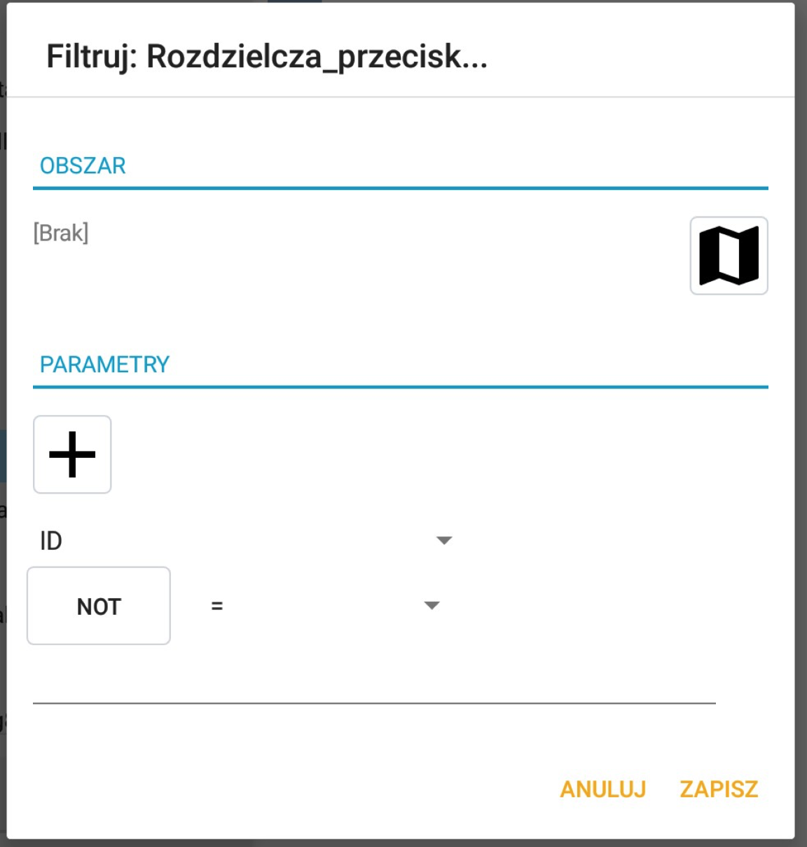 w tym menu można wybrać obszar do filtrowania, z którego system ma ściągać informacje oraz można wprowadzić wielopoziomowe warunkowe filtry do atrybutów WFS takie jak np. imię, nazwisko lub adres, jeżeli dana warstwa takie posiada